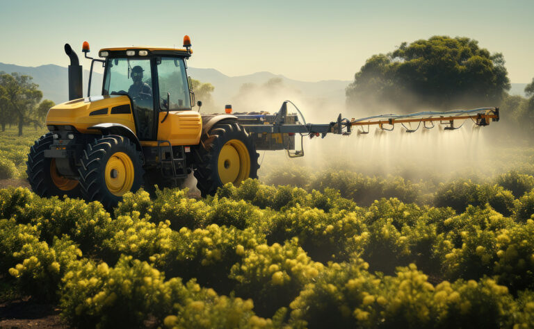 tractor spraying pesticides on vineyards in tuscany, italy