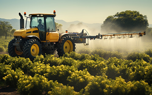 tractor spraying pesticides on vineyards in tuscany, italy